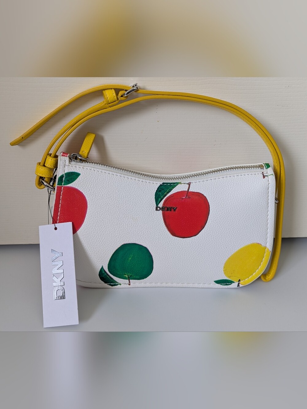 DKNY White Apple-Print Crossbody/Shoulder Bag with Yellow Strap NWT